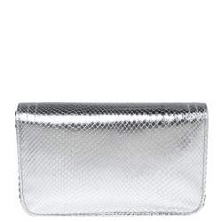Longchamp Silver Snakeskin Embossed Leather Cavalcade Wallet on Chain
