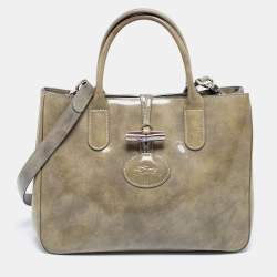 Pre Owned Longchamp Grey Patent Leather Roseau Tote