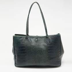 Pre Owned Longchamp Dark Green Croc Embossed Leather Roseau Tote
