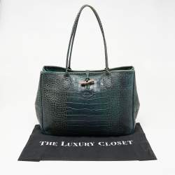 Pre Owned Longchamp Dark Green Croc Embossed Leather Roseau Tote