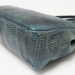 Pre Owned Longchamp Dark Green Croc Embossed Leather Roseau Tote