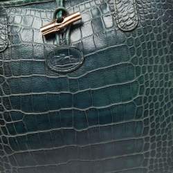 Pre Owned Longchamp Dark Green Croc Embossed Leather Roseau Tote