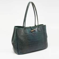 Pre Owned Longchamp Dark Green Croc Embossed Leather Roseau Tote
