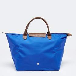 Pre Owned Longchamp Blue/Brown Nylon and Leather Le Pliage Tote