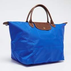 Pre Owned Longchamp Blue/Brown Nylon and Leather Le Pliage Tote