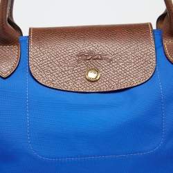 Pre Owned Longchamp Blue/Brown Nylon and Leather Le Pliage Tote