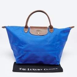 Pre Owned Longchamp Blue/Brown Nylon and Leather Le Pliage Tote