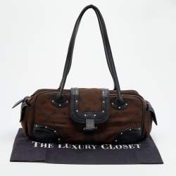 Pre Owned Longchamp Brown Fabric and Leather Logo Print Boston Bag