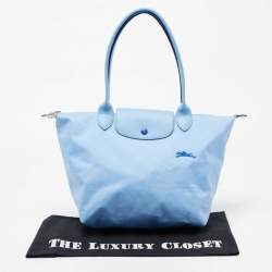 Longchamp Light Blue Leather and Nylon Le Pliage Tote