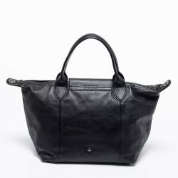 Pre Owned Longchamp Black Leather Le Pliage Tote