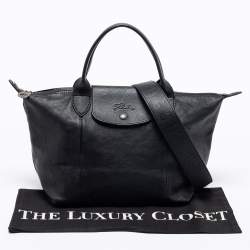 Pre Owned Longchamp Black Leather Le Pliage Tote
