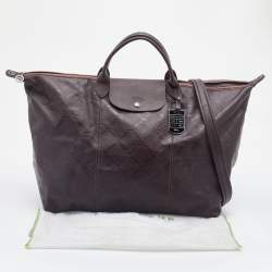 Pre Owned Longchamp Dark Brown Leather Large Le Pliage Tote
