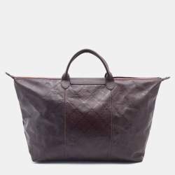 Pre Owned Longchamp Dark Brown Leather Large Le Pliage Tote