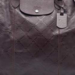 Pre Owned Longchamp Dark Brown Leather Large Le Pliage Tote