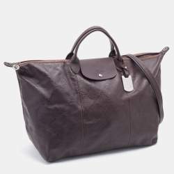 Pre Owned Longchamp Dark Brown Leather Large Le Pliage Tote