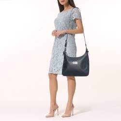 Pre Owned Longchamp Navy Blue Textured Leather Zip Hobo