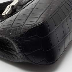 Pre Owned Longchamp Black Croc Embossed Leather Tote