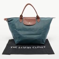 Longchamp Grey/Brown Leather and Nylon Le Pliage Tote