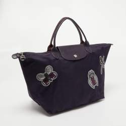 Pre Owned Longchamp Purple Embroidered Patches Nylon and Leather Le Pliage Tote