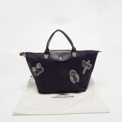 Pre Owned Longchamp Purple Embroidered Patches Nylon and Leather Le Pliage Tote