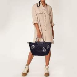 Pre Owned Longchamp Purple Embroidered Patches Nylon and Leather Le Pliage Tote