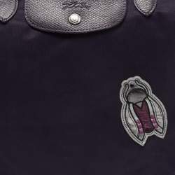 Pre Owned Longchamp Purple Embroidered Patches Nylon and Leather Le Pliage Tote