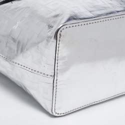 Pre Owned Longchamp Silver Monogram Embossed Leather XS Le Pliage Tote