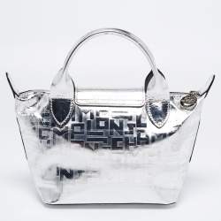 Pre Owned Longchamp Silver Monogram Embossed Leather XS Le Pliage Tote