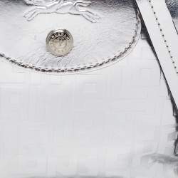 Pre Owned Longchamp Silver Monogram Embossed Leather XS Le Pliage Tote