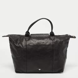 Pre Owned Longchamp Black Leather Le Pliage Top Handle Bag