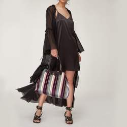Longchamp Multicolor Stripe Velvet and Patent Leather Tote