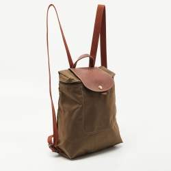 Pre Owned Longchamp Olive Green/Brown Nylon and Leather Le Pliage Backpack