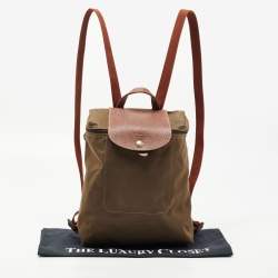 Pre Owned Longchamp Olive Green/Brown Nylon and Leather Le Pliage Backpack