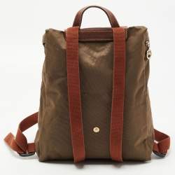 Pre Owned Longchamp Olive Green/Brown Nylon and Leather Le Pliage Backpack