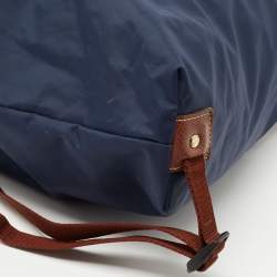 Longchamp Navy Blue/Brown Nylon and Leather Le Pliage Drawstring Backpack