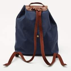 Longchamp Navy Blue/Brown Nylon and Leather Le Pliage Drawstring Backpack