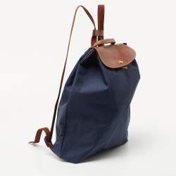 Longchamp Navy Blue/Brown Nylon and Leather Le Pliage Drawstring Backpack