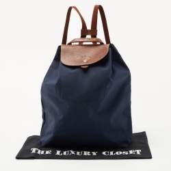Longchamp Navy Blue/Brown Nylon and Leather Le Pliage Drawstring Backpack