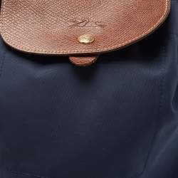 Longchamp Navy Blue/Brown Nylon and Leather Le Pliage Drawstring Backpack