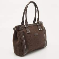 Longchamp Dark Brown Woven Fabric and Leather Zip Detail Expandable Tote