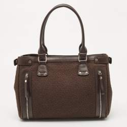 Longchamp Dark Brown Woven Fabric and Leather Zip Detail Expandable Tote