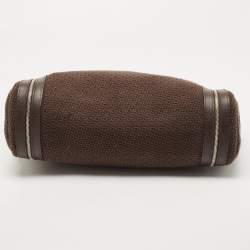Longchamp Dark Brown Woven Fabric and Leather Zip Detail Expandable Tote