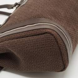Longchamp Dark Brown Woven Fabric and Leather Zip Detail Expandable Tote