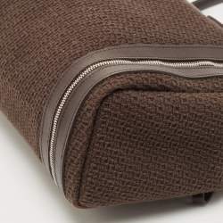 Longchamp Dark Brown Woven Fabric and Leather Zip Detail Expandable Tote