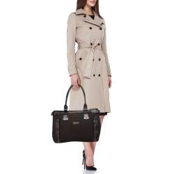 Longchamp Dark Brown Woven Fabric and Leather Zip Detail Expandable Tote