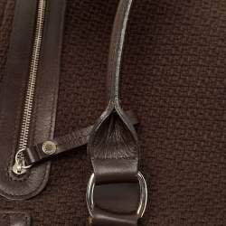 Longchamp Dark Brown Woven Fabric and Leather Zip Detail Expandable Tote