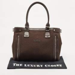 Longchamp Dark Brown Woven Fabric and Leather Zip Detail Expandable Tote