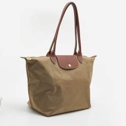 Pre Owned Longchamp Beige/Brown Nylon and Leather Large Le Pliage Tote