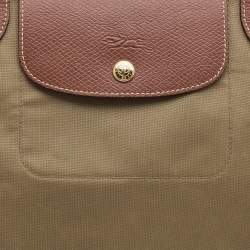 Pre Owned Longchamp Beige/Brown Nylon and Leather Large Le Pliage Tote