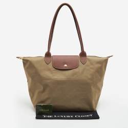 Pre Owned Longchamp Beige/Brown Nylon and Leather Large Le Pliage Tote